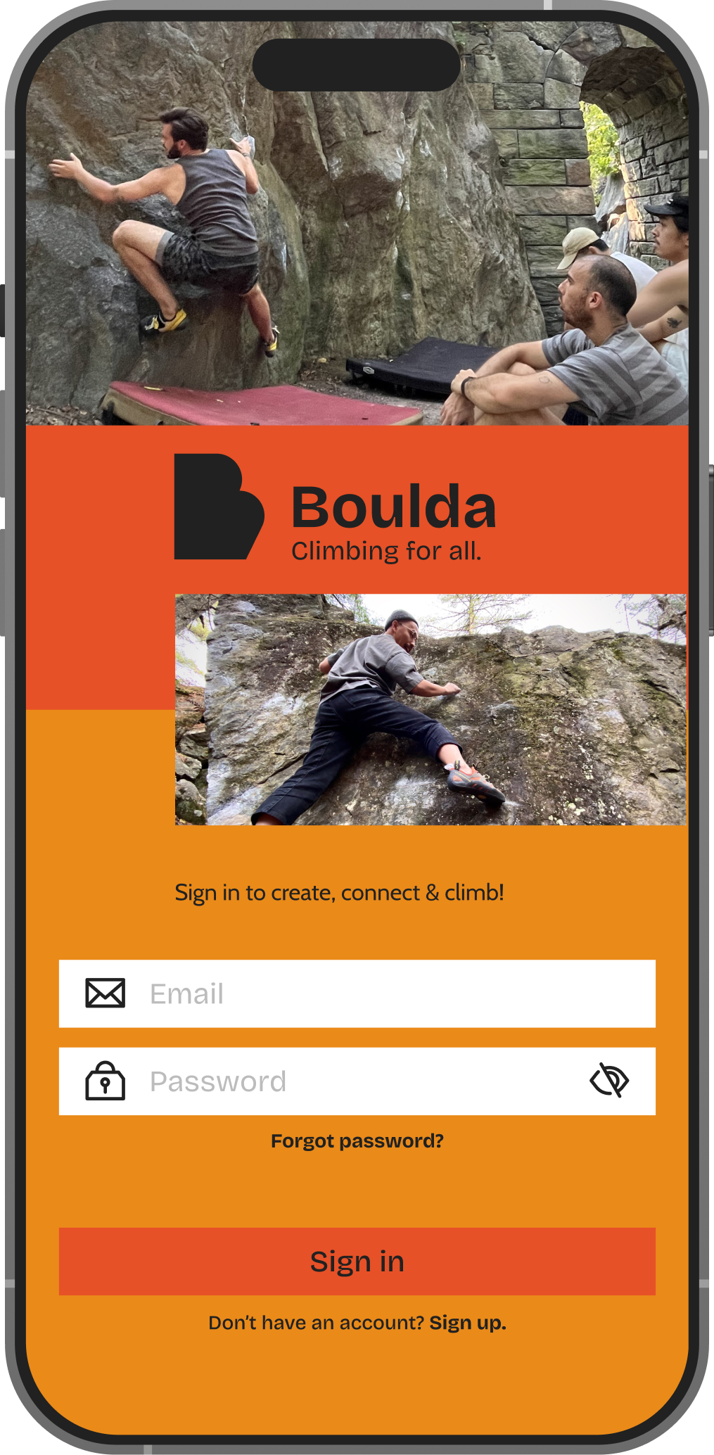 A climbing gym with a group of people watching a man in a gray tank top and shorts climb on the wall. The gym features a faux stone wall for bouldering, with some gym mats on the ground. The lower section of the image displays a mobile app login scre
