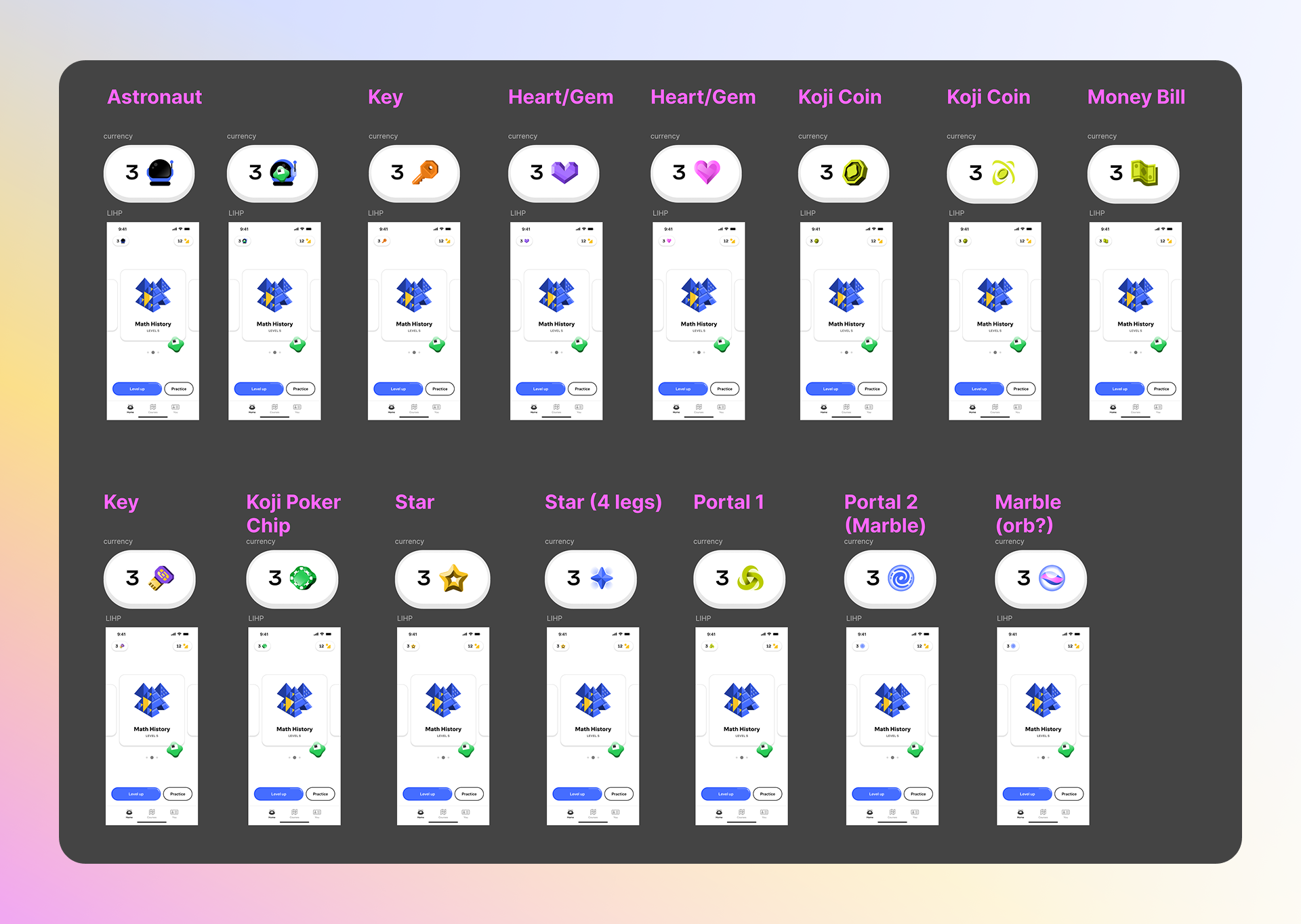 A collection of digital icons and screenshots of a mobile app interface arranged on a dark background, with labels such as Astronaut, Key, Heart/Gem, Koji Coin, Money Bill, Among Others, in bright pink text at the top and bottom.