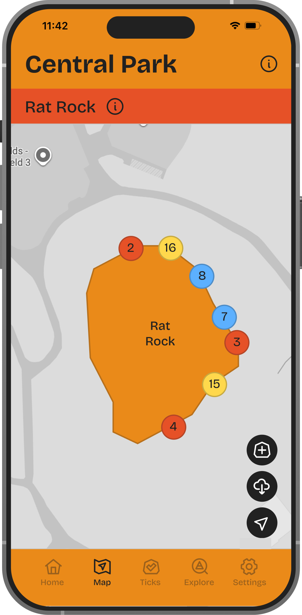 Mobile app map screen showing a central area labeled 'Rat Rock' with numbered colored circles around it, indicating different locations, on a grey background with a bottom menu bar.
