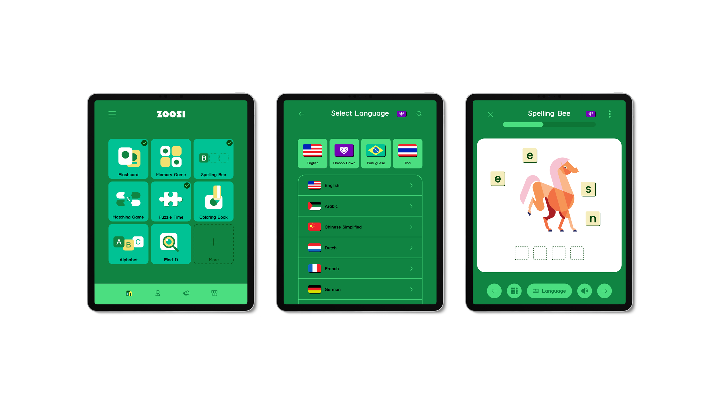 Three tablets display a language learning app interface with options for flashcards, memory games, spelling bees, matching games, puzzles, coloring books, alphabet, and find it. The middle tablet shows a language selection menu with options like Engl