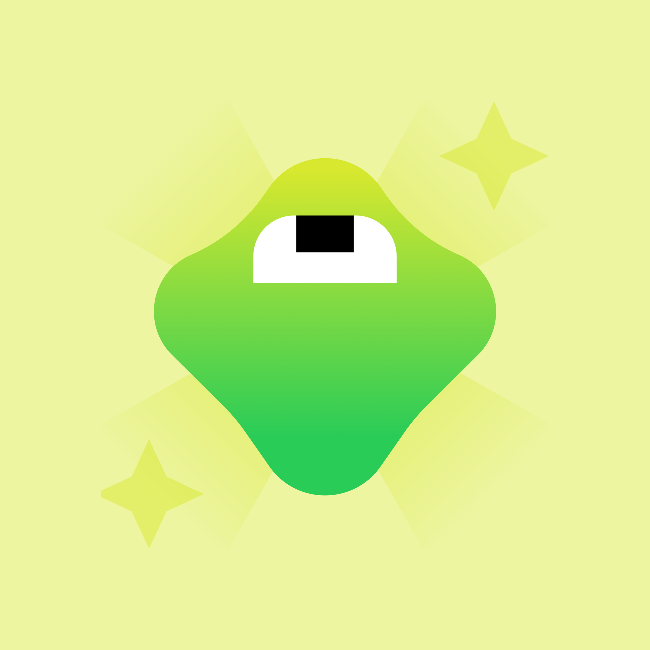 A stylized green diamond-shaped creature with a wide, white toothy mouth and a black square on top of its head, set against a light yellow background with faint yellow glow and star shapes. Koji. Brilliant. Brilliant.org. Duolingo. Duo.