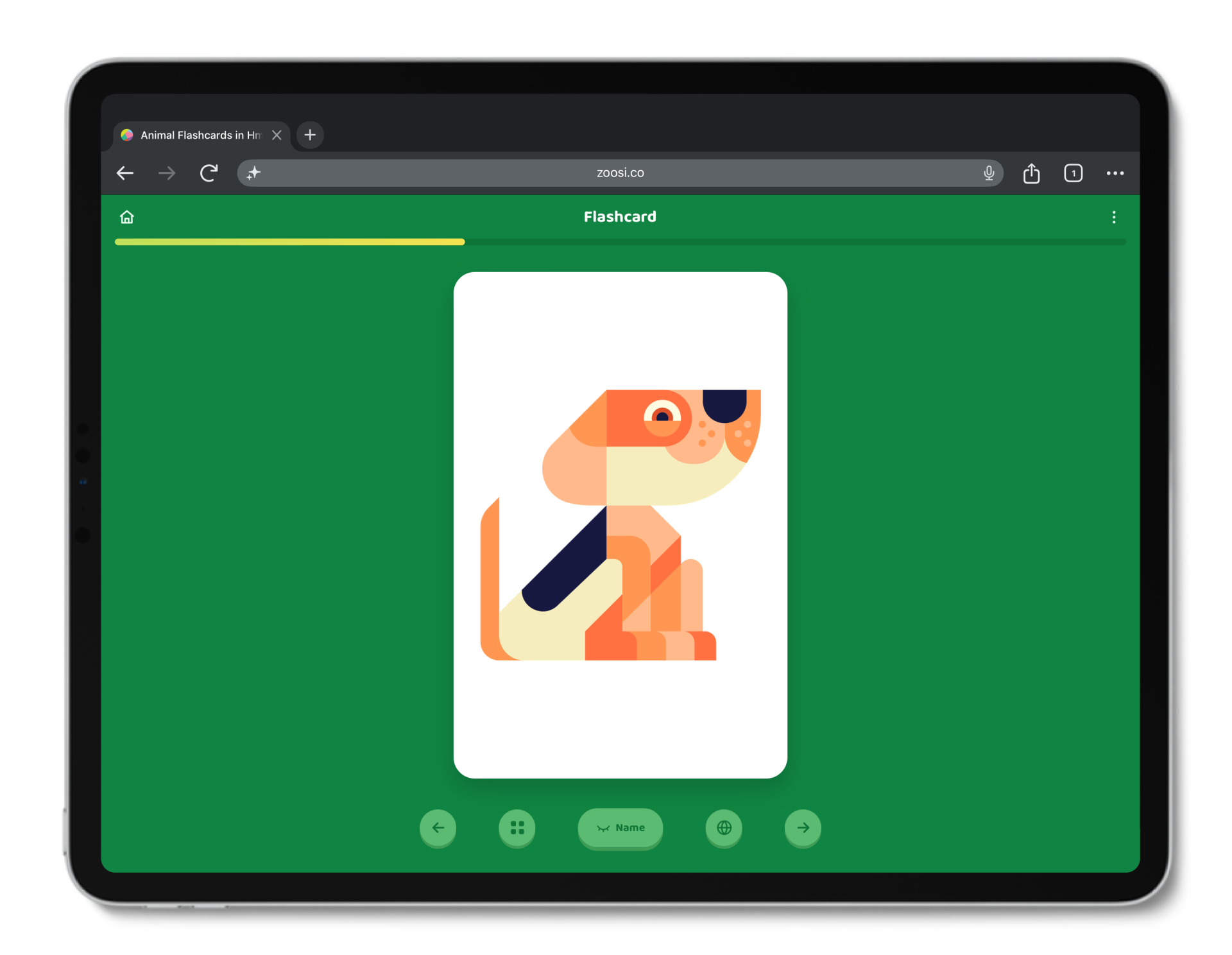 Digital device screen displaying a digital flashcard with a stylized illustration of a dog on a white background, surrounded by a green interface.