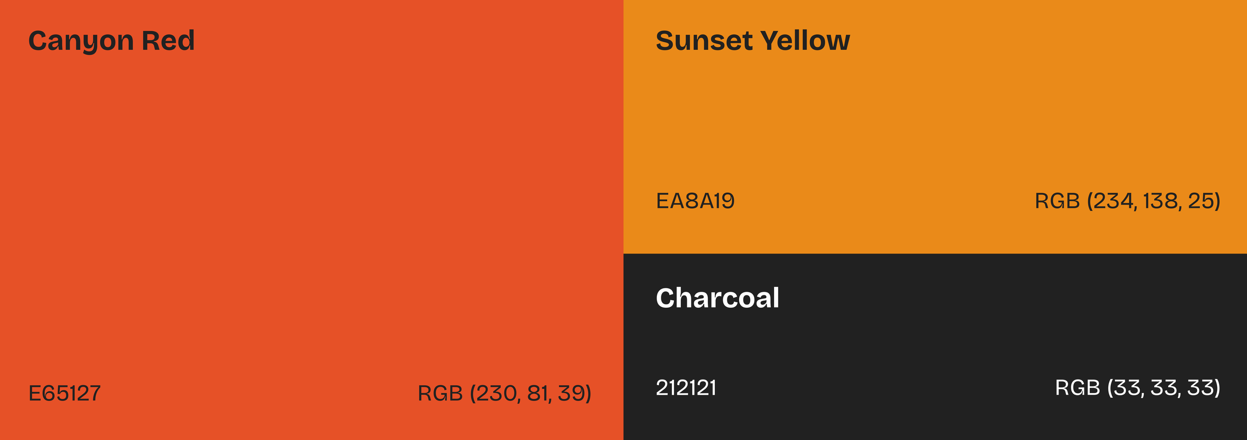 Color chart showing three colors: Canyon Red with hex code E65127 and RGB values (230, 81, 39), Sunset Yellow with hex code EA8A19 and RGB values (234, 138, 25), and Charcoal with hex code 212121 and RGB values (33, 33, 33).