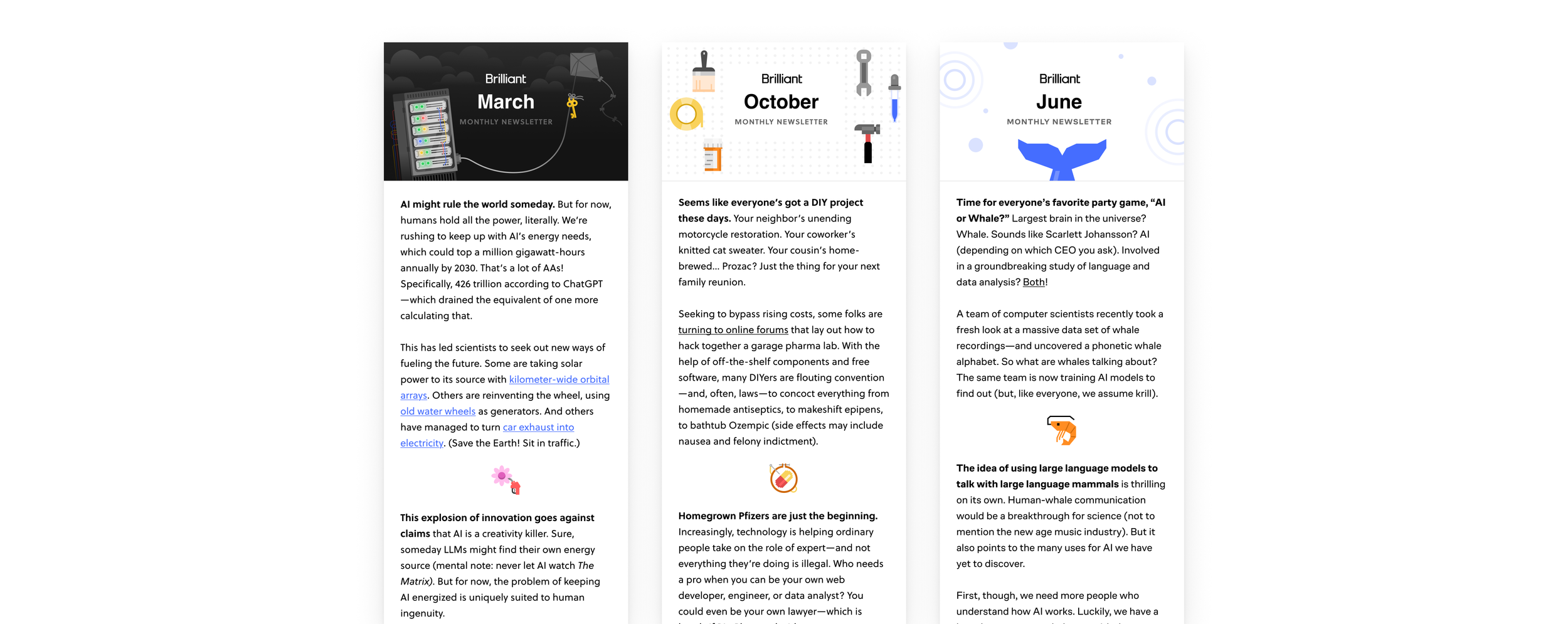Three newsletter pages for March, October, and June, with text and icons related to technology, innovation, and science.