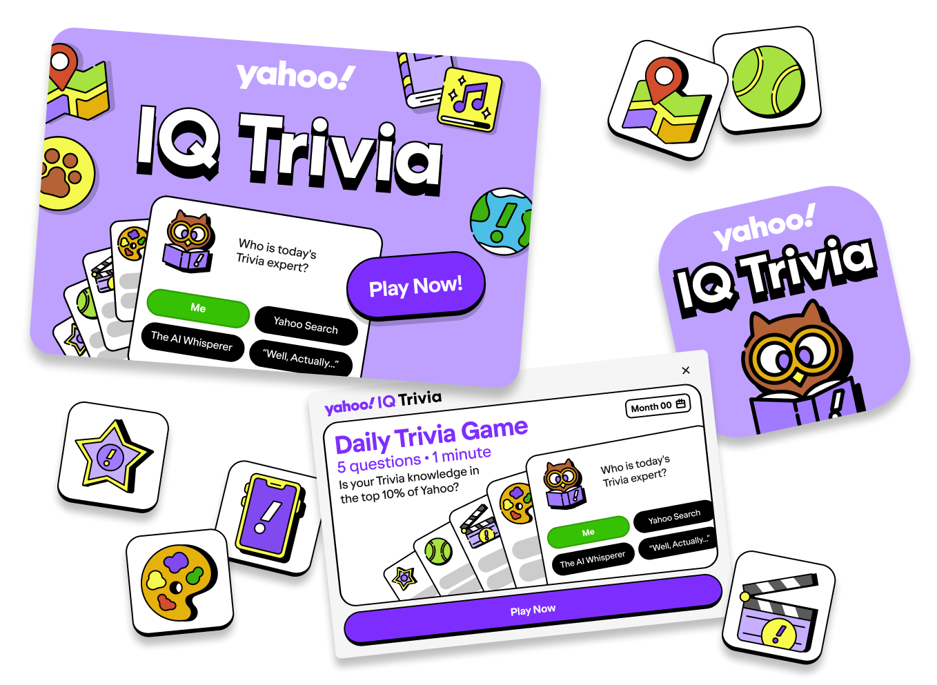 Promotional graphic for Yahoo! IQ Trivia featuring colorful icons, cards, and a tablet screen with quiz questions about Yahoo! trivia knowledge.