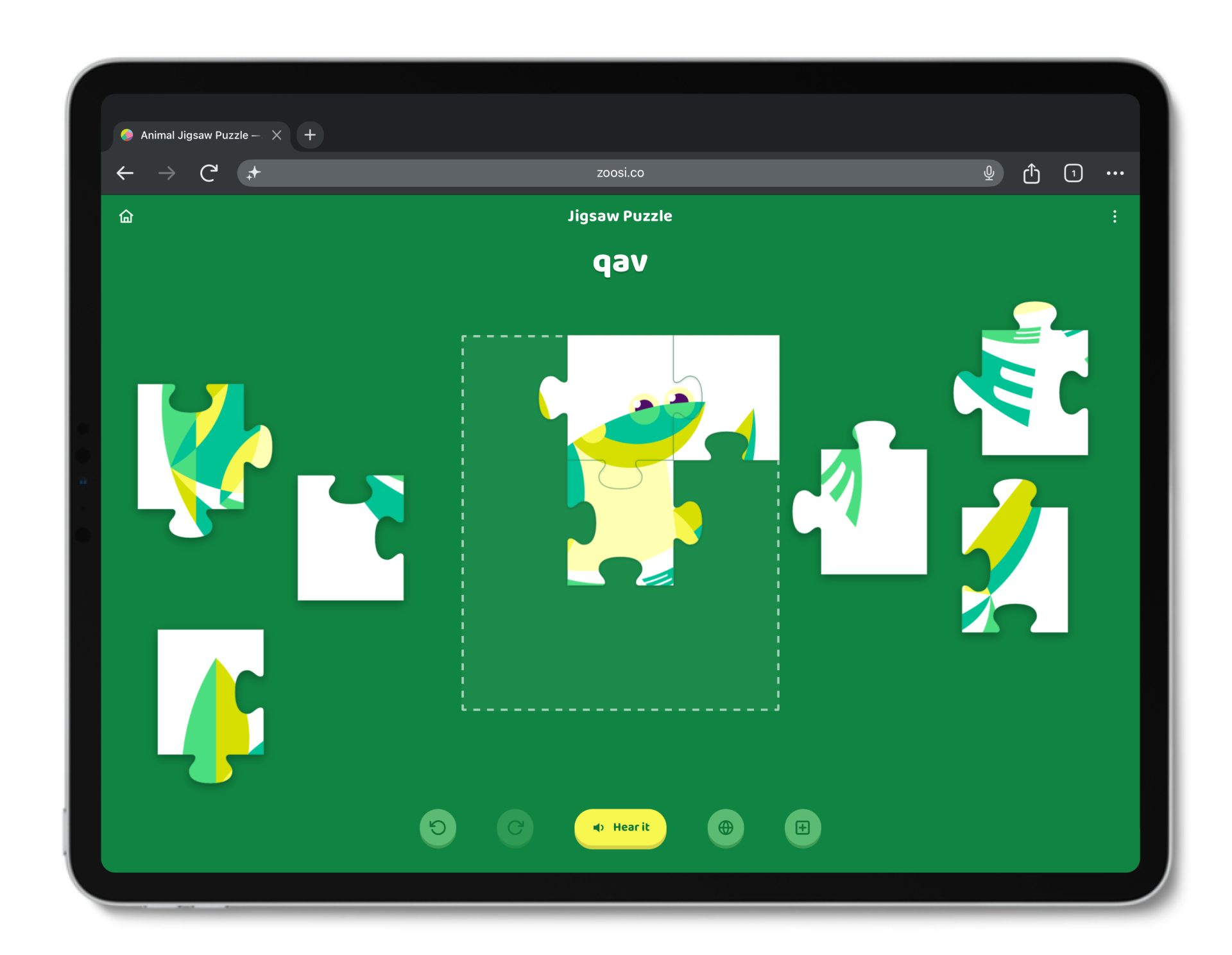 A digital tablet screen showing a jigsaw puzzle game featuring a colorful cartoon dinosaur with purple eyes and a yellow belly. The puzzle pieces are scattered around the image, with some already connected.