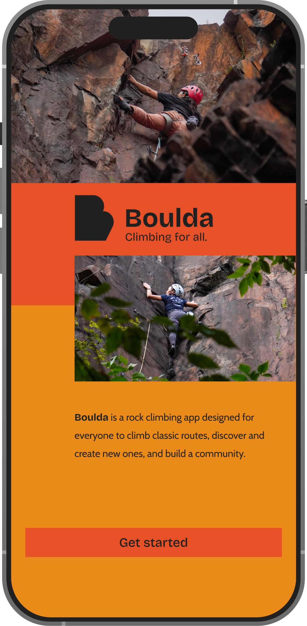 Mobile phone screen showing an outdoor rock climbing app called Boulda, featuring images of people climbing rocks and a description of the app.