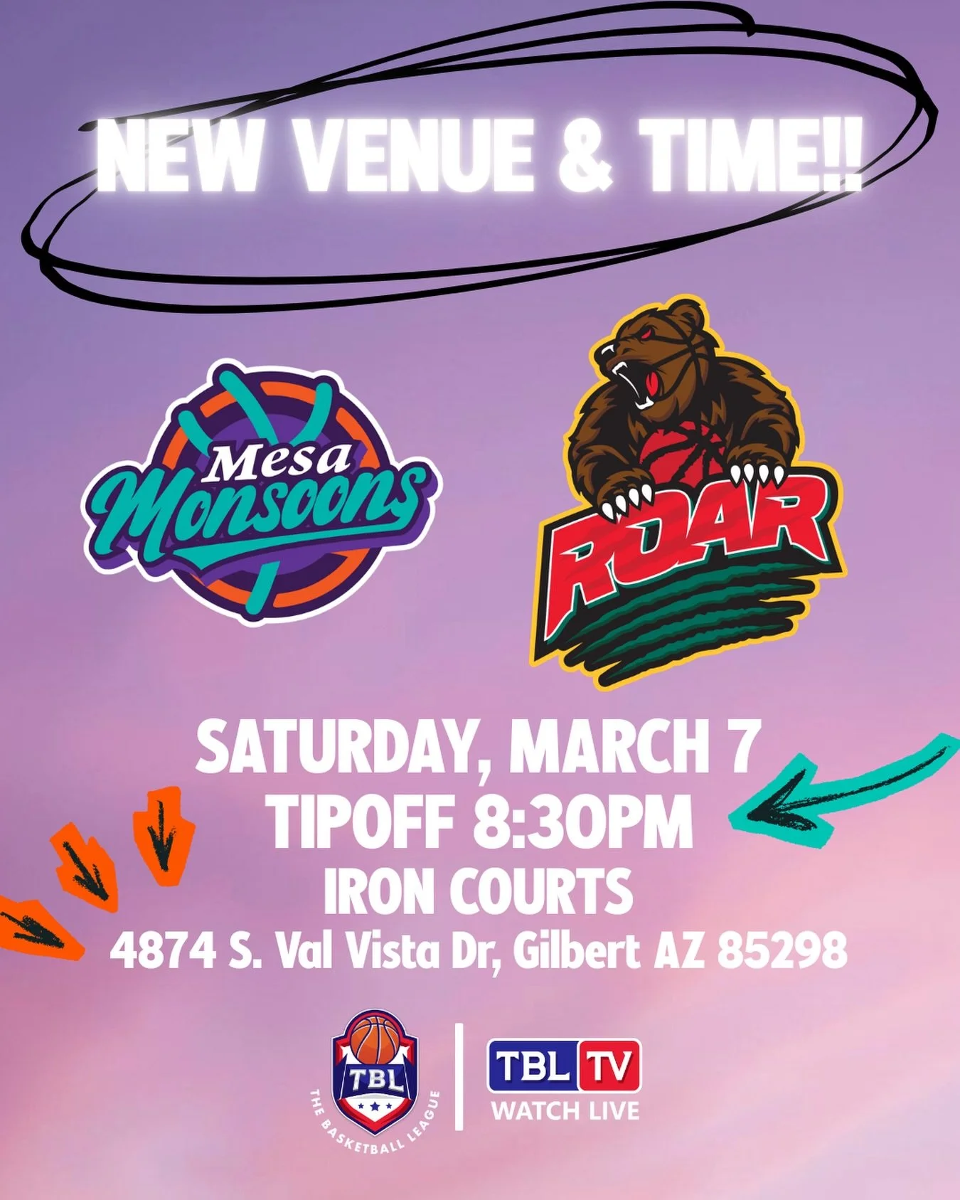 🚨 VENUE + TIME UPDATE 🚨

Tomorrow night&rsquo;s Mesa Monsoons vs ROAR matchup has moved to:

📍 Iron Courts
4874 S. Val Vista Dr. Suite 100
Gilbert, AZ 85298

⏰ Access: 8:00 PM
🏀 Tip-Off: 8:30 PM

See you there, Monsoons family.
Let&rsquo;s bring 