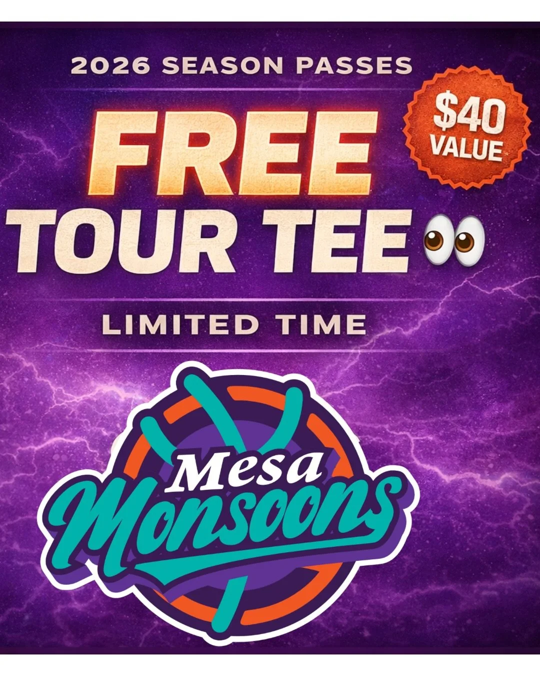 🚨 SEASON PASSES ARE LIVE 🚨

Monsoons fans&hellip; this is the move.

Lock in your 2026 Mesa Monsoons Season Pass and for a limited time you&rsquo;ll receive the official Unleash the Storm Tour Tee &mdash; FREE.

Yes&hellip; free.

Be in the buildin