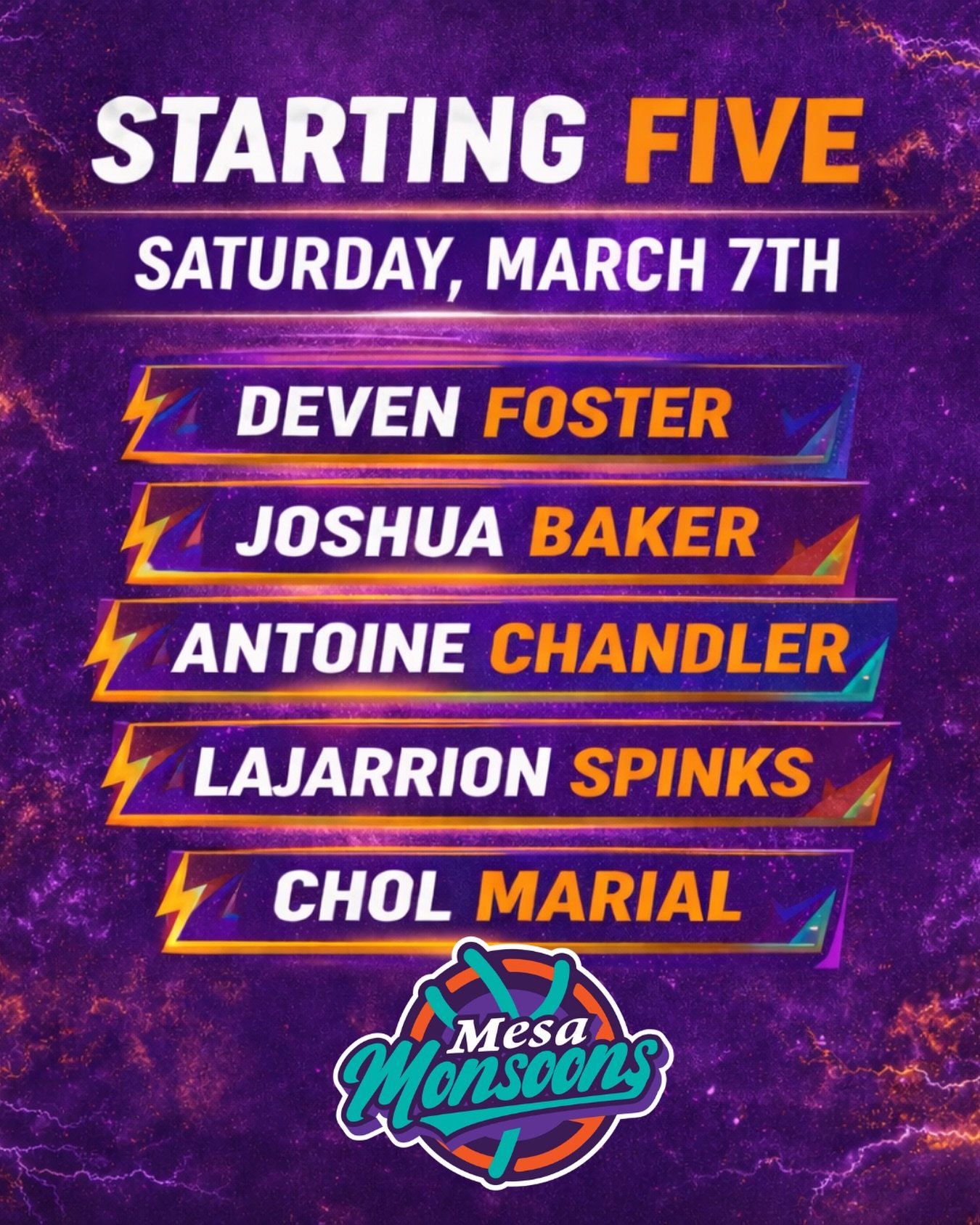 ⚡️ TONIGHT&rsquo;S STARTING FIVE ⚡️

The storm is rolling in 🌪️
Here&rsquo;s who&rsquo;s taking the floor for the Mesa Monsoons tonight.

⚡️ Deven Foster
⚡️ Joshua Baker
⚡️ Antoine Chandler
⚡️ Lajarrion Spinks
⚡️ Chol Marial

Let&rsquo;s get to work
