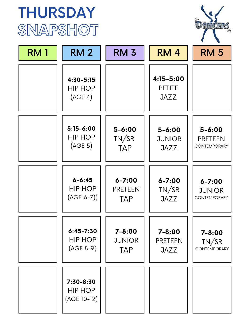 Dance class schedule for Thursday with color-coded rooms and activity details.