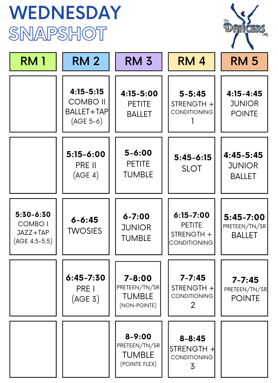 Weekly dance class schedule with different classes in columns labeled RM 1 to RM 5, including times for ballet, tap, jazz, tumble, and strength conditioning for various age groups, and a logo of dance figures in the top right corner.