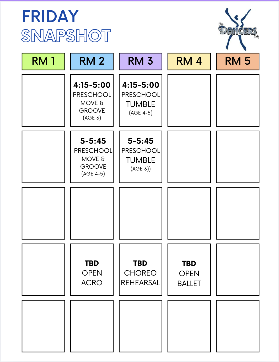 Weekly dance class schedule with different rooms and activities, including preschool movement, tumble, acro, chorus, and ballet.
