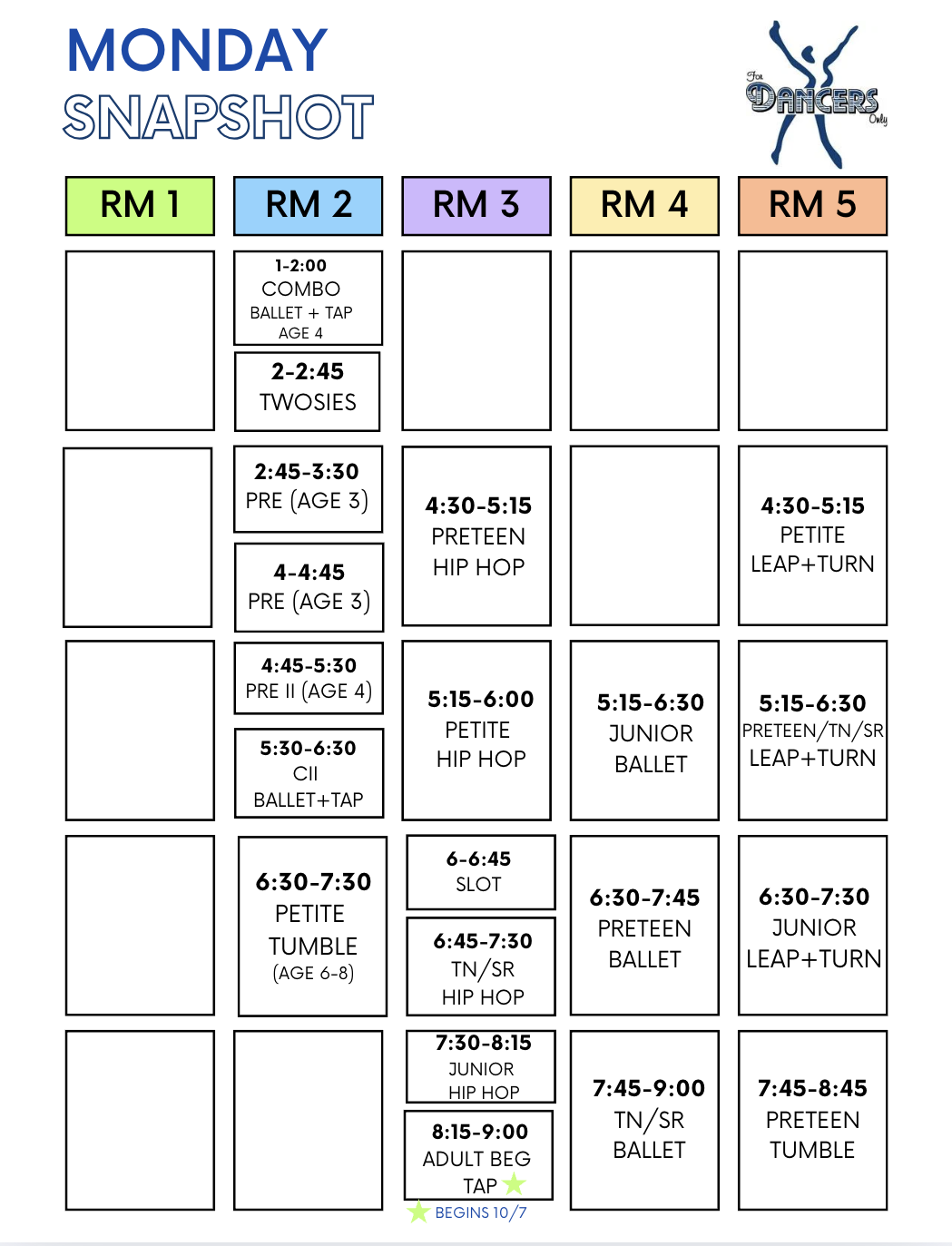 Dance class schedule for Monday with classes for different age groups in five dance rooms, including ballet, tap, hip hop, tumble, and ballet classes, along with a logo of two dancers.