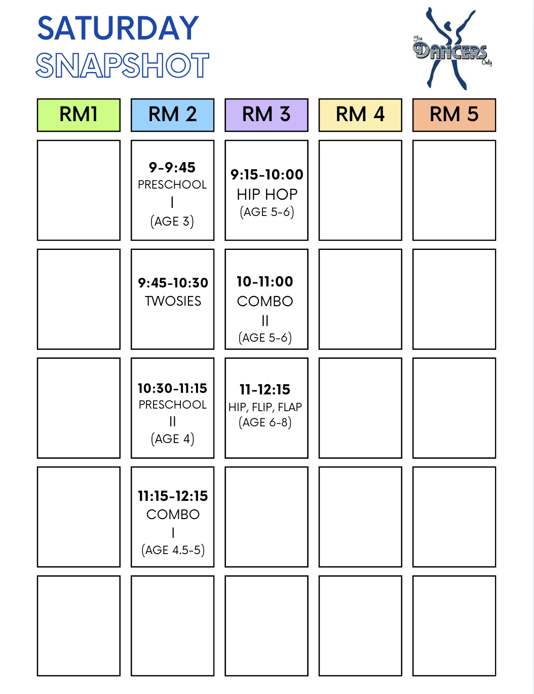 A Saturday dance class schedule grid, with sessions for preschool, twosies, and combo classes, organized by room from RM1 to RM5. The schedule includes times, class names, and age groups, with a logo of a dancing figure in the top right corner.