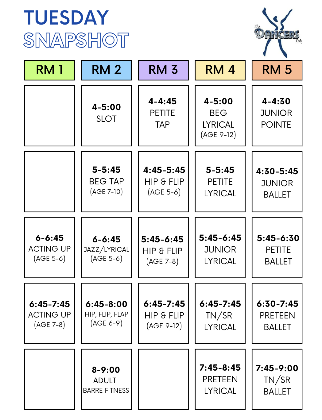 Dance class schedule for Tuesday with various dance lessons in five different rooms, including hip hop, jazz, ballet, lyrical, tap, acting, and barre fitness, with times and age groups specified.