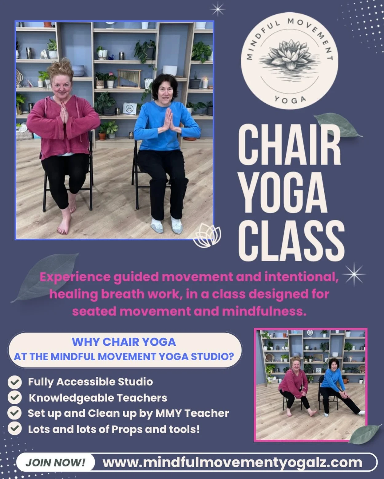 Thank you to our Slow Flow and Therapeutic Yoga class students Mary and Dianna for embracing the postures and intention of Chair Yoga!  Mindful Movement Yoga offers Chair Yoga on Friday for all who want to keep moving but do it from a seated space!  