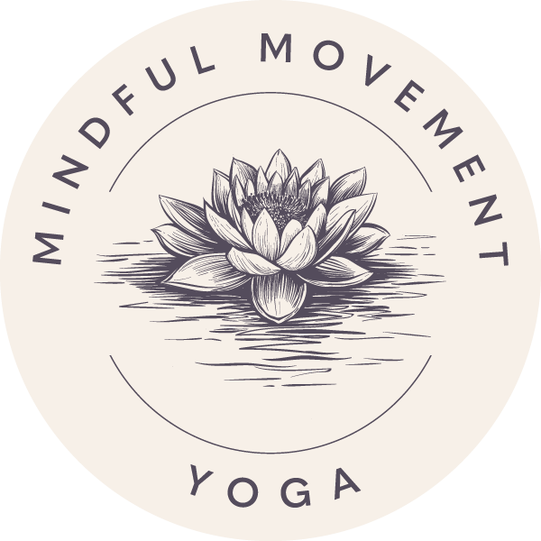 A circular logo with an illustration of a water lily flower in the center. The text 'Mindful Movement Yoga' curves around the top of the circle.