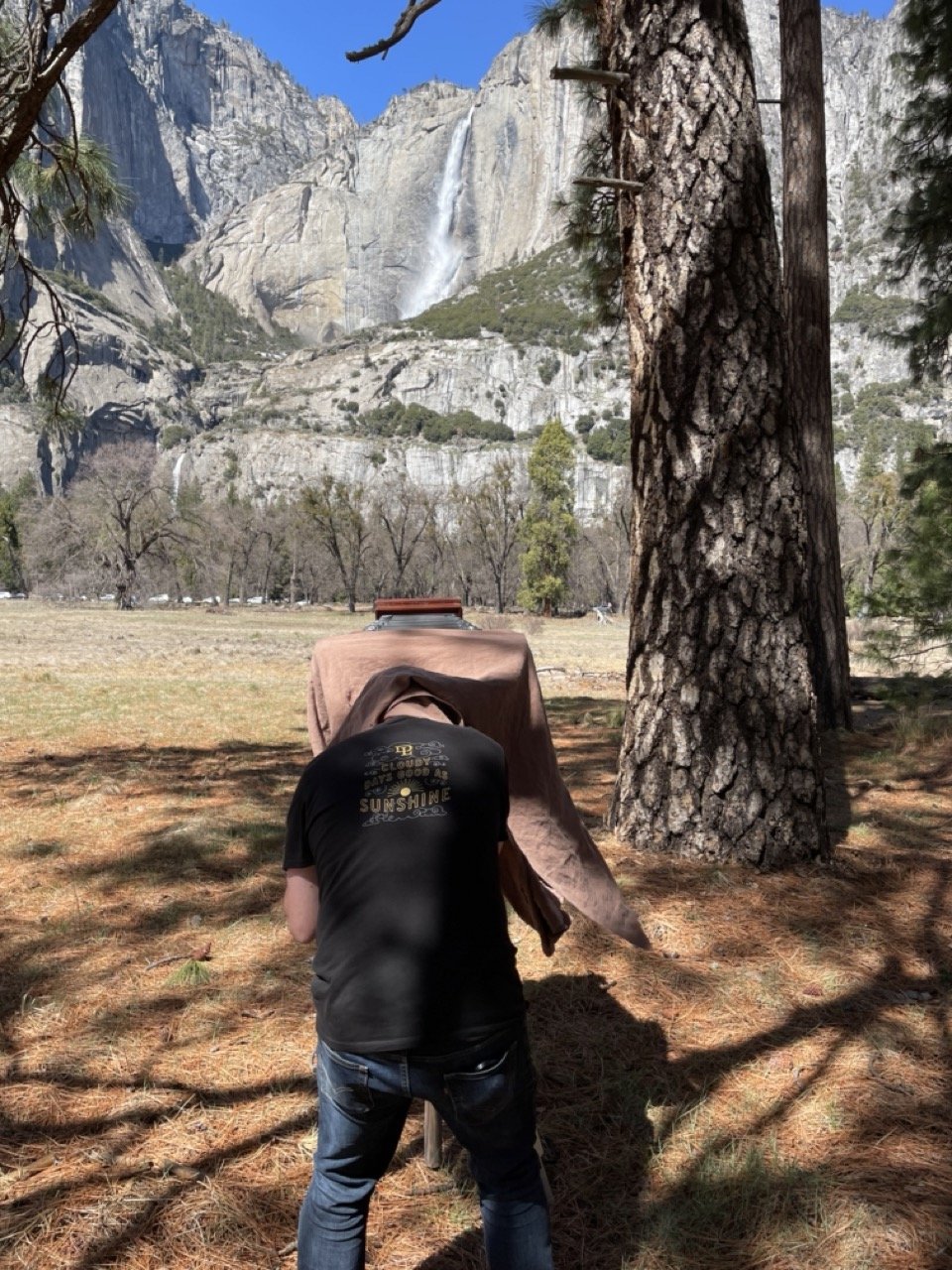 A person wearing a black T-shirt and jeans is kneeling and working on a wooden table in a wooded area with tall trees and pine needles on the ground. In the background, there are large mountains with a waterfall flowing down the rocks.