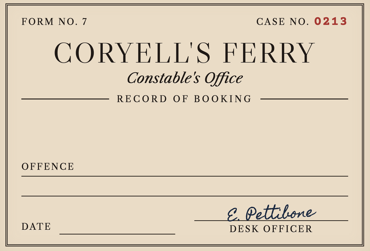 Coryell's Ferry Constable's Office booking card