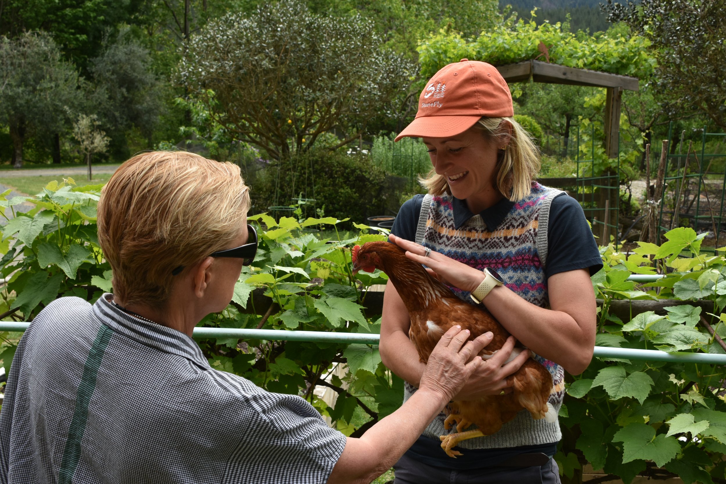 Host holding chickens in the vegetable garden at Stonefly Lodge