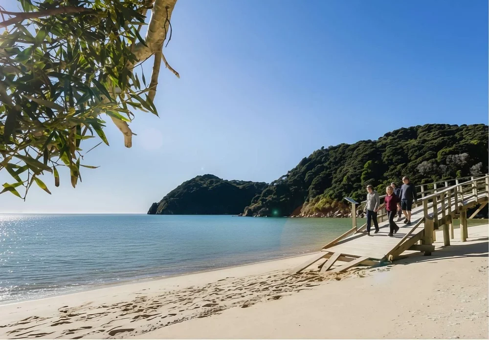 Guests walking a timber boardwalk above a calm Abel Tasman beach