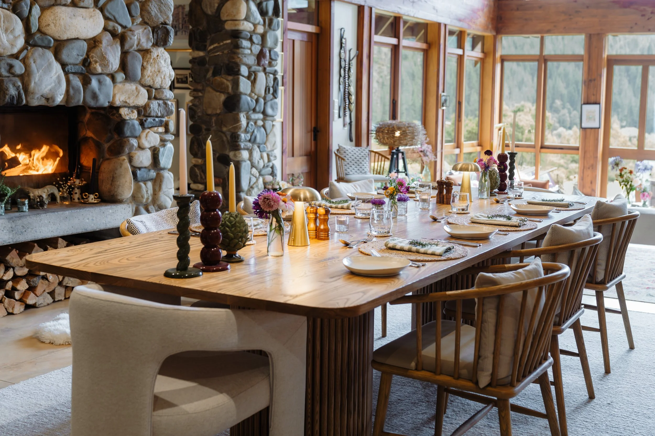 StoneFly lodge dining table. Views of Motueka River. Private luxury lodge