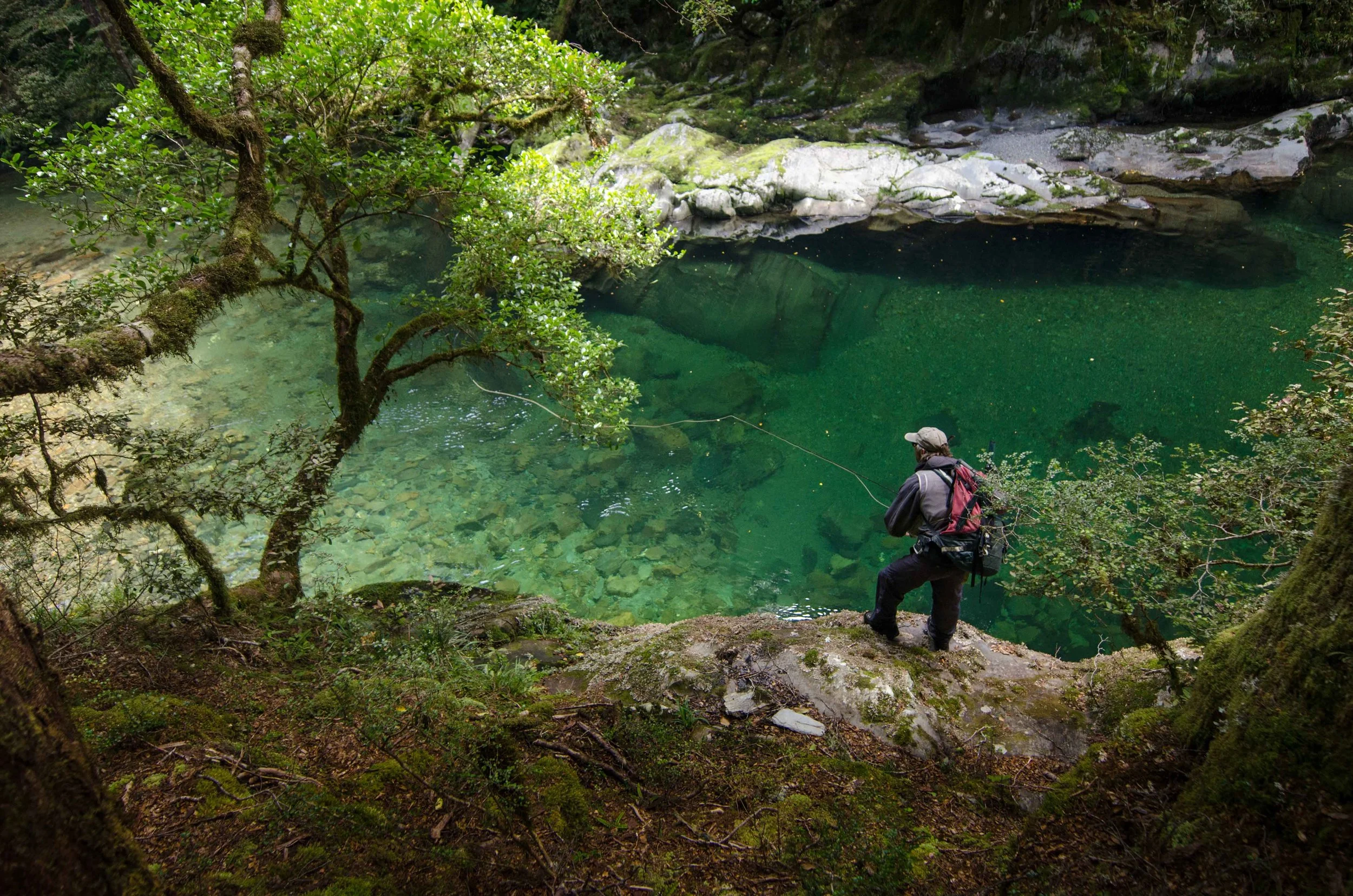 Guest flyfishing on the banks of crystal clear river near Stonefly Lodge