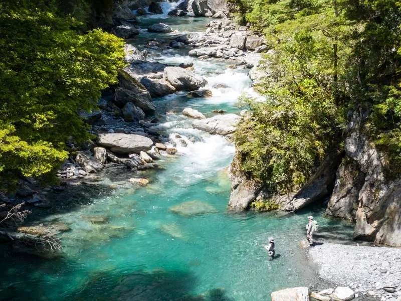Fly fishing in clear blue river gorge near Nelson, New Zealand