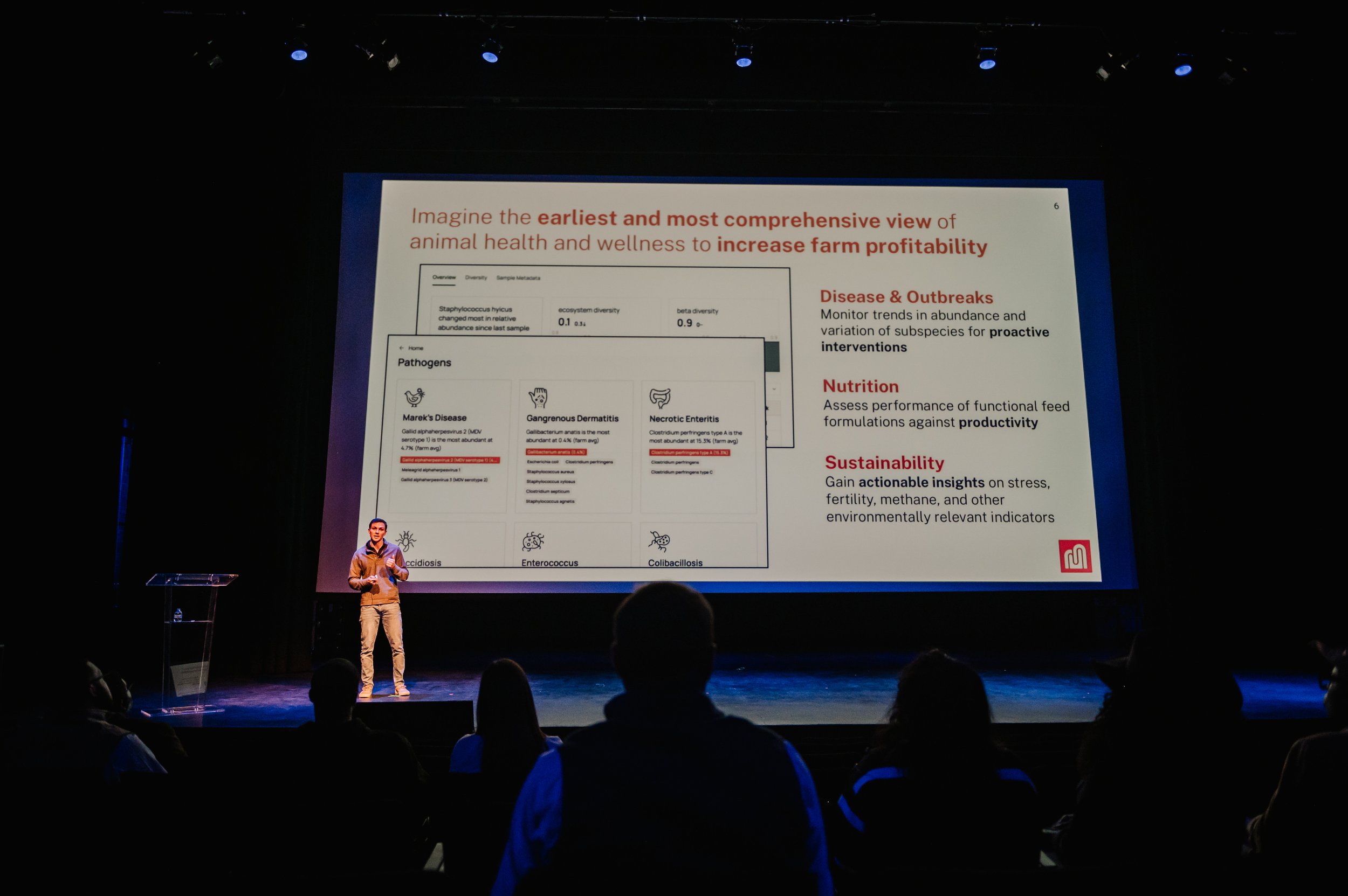 A man stands on a stage with a large presentation screen behind him. The screen displays text and graphics related to animal health, wellbeing, disease outbreaks, nutrition, and sustainability, with a small photograph of a person in the bottom left c