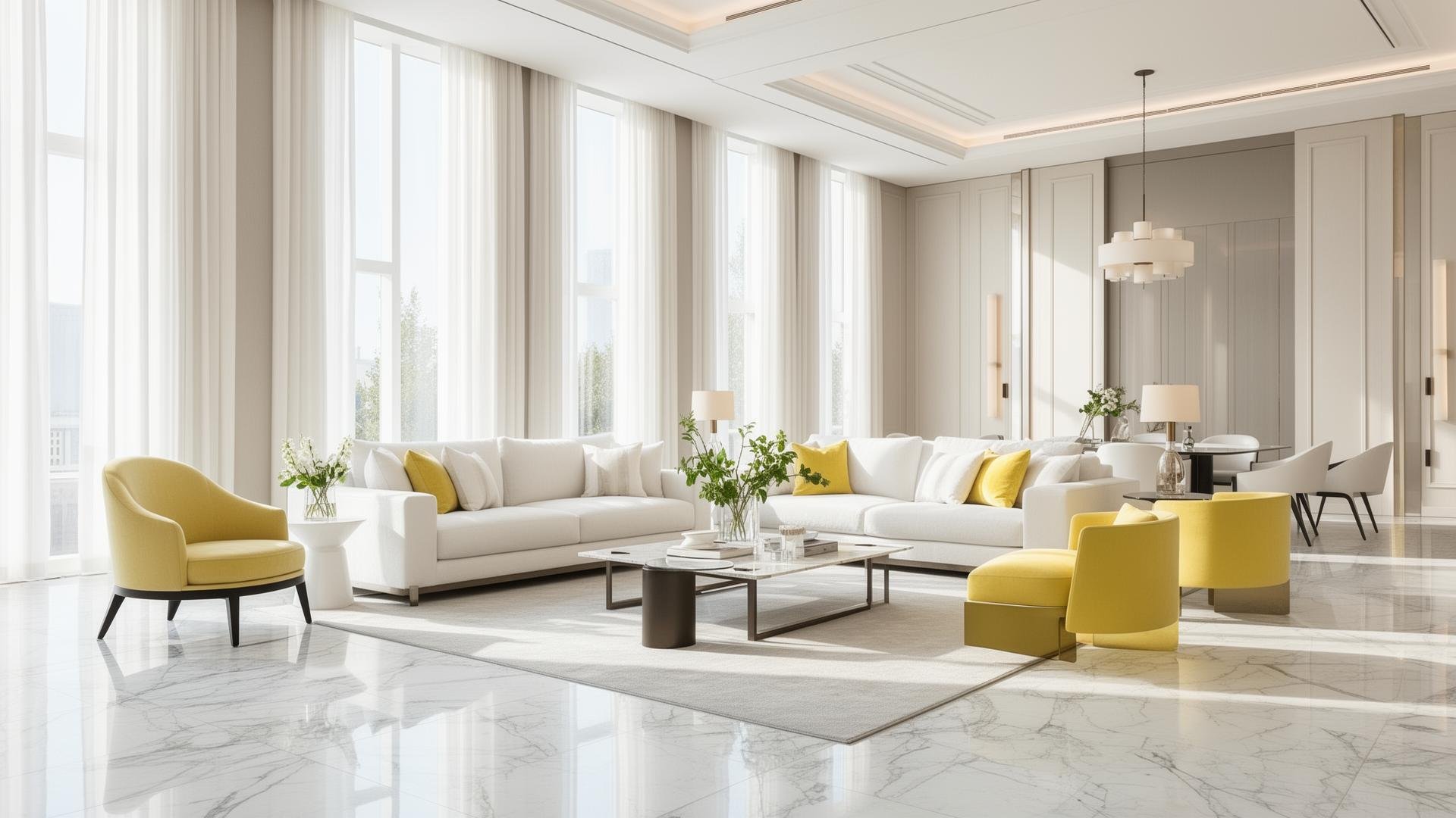 Bright modern living room with large windows, white sofas with yellow and white cushions, yellow accent chairs, a marble coffee table with plants and books, and a dining area in the background.