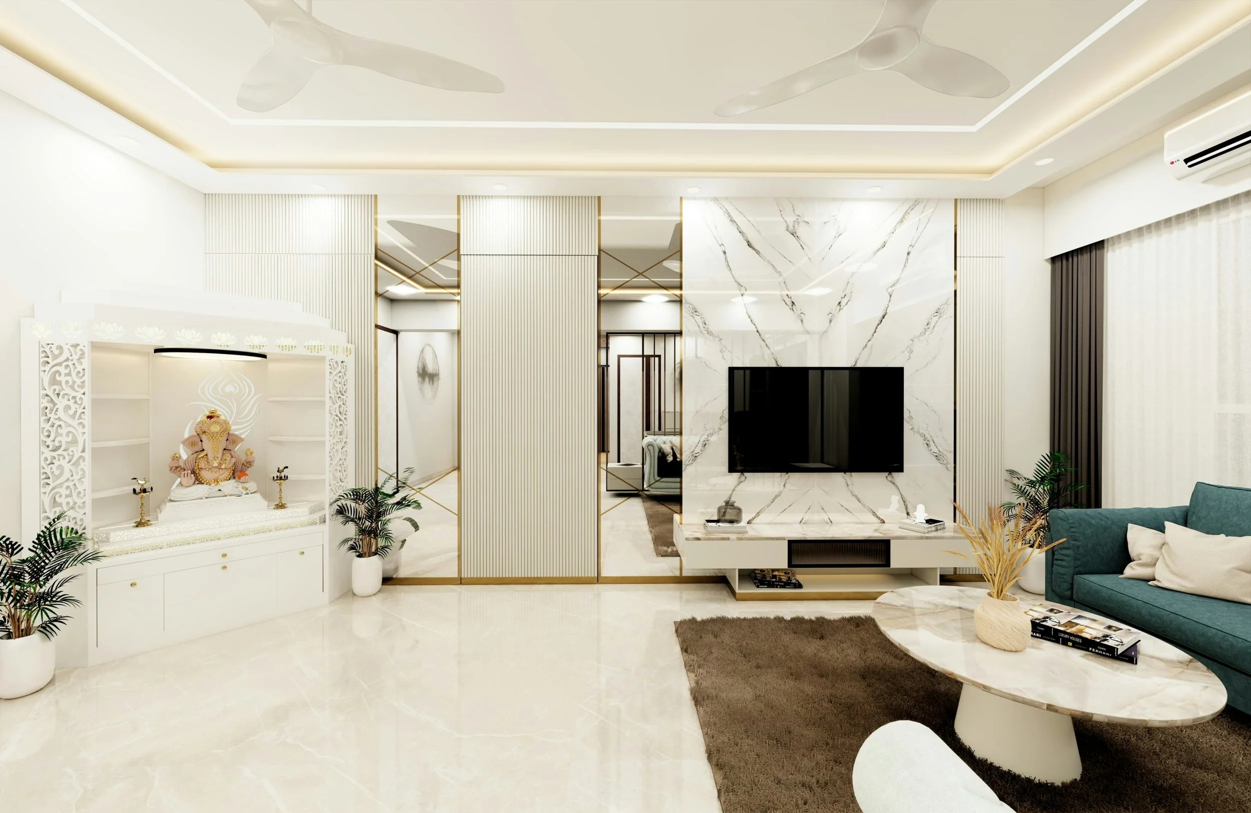Modern living room with white marble walls and ceiling, ceiling fans, gray curtains, green sofa, coffee table, and decorative plants.
