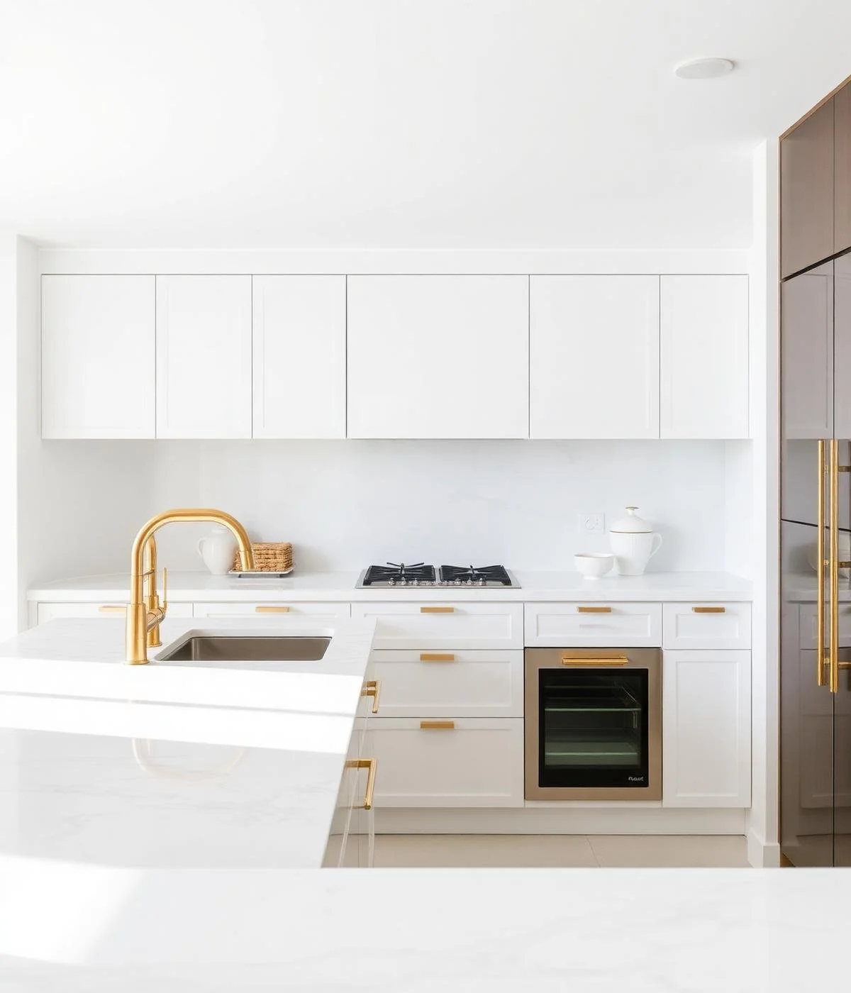 Modern white kitchen with gold accents, including a gold faucet and handles, featuring a built-in oven, stovetop, white cabinetry, and minimal decor.