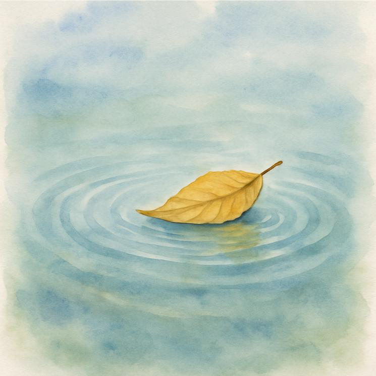A yellow leaf floating on water, creating ripples.
