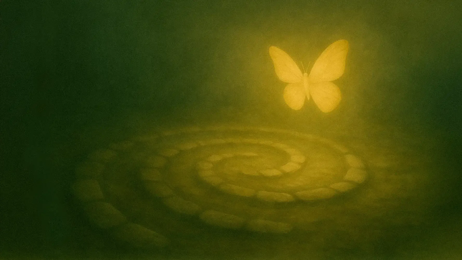 A glowing yellow butterfly silhouette above a ripple in a greenish, foggy environment.
