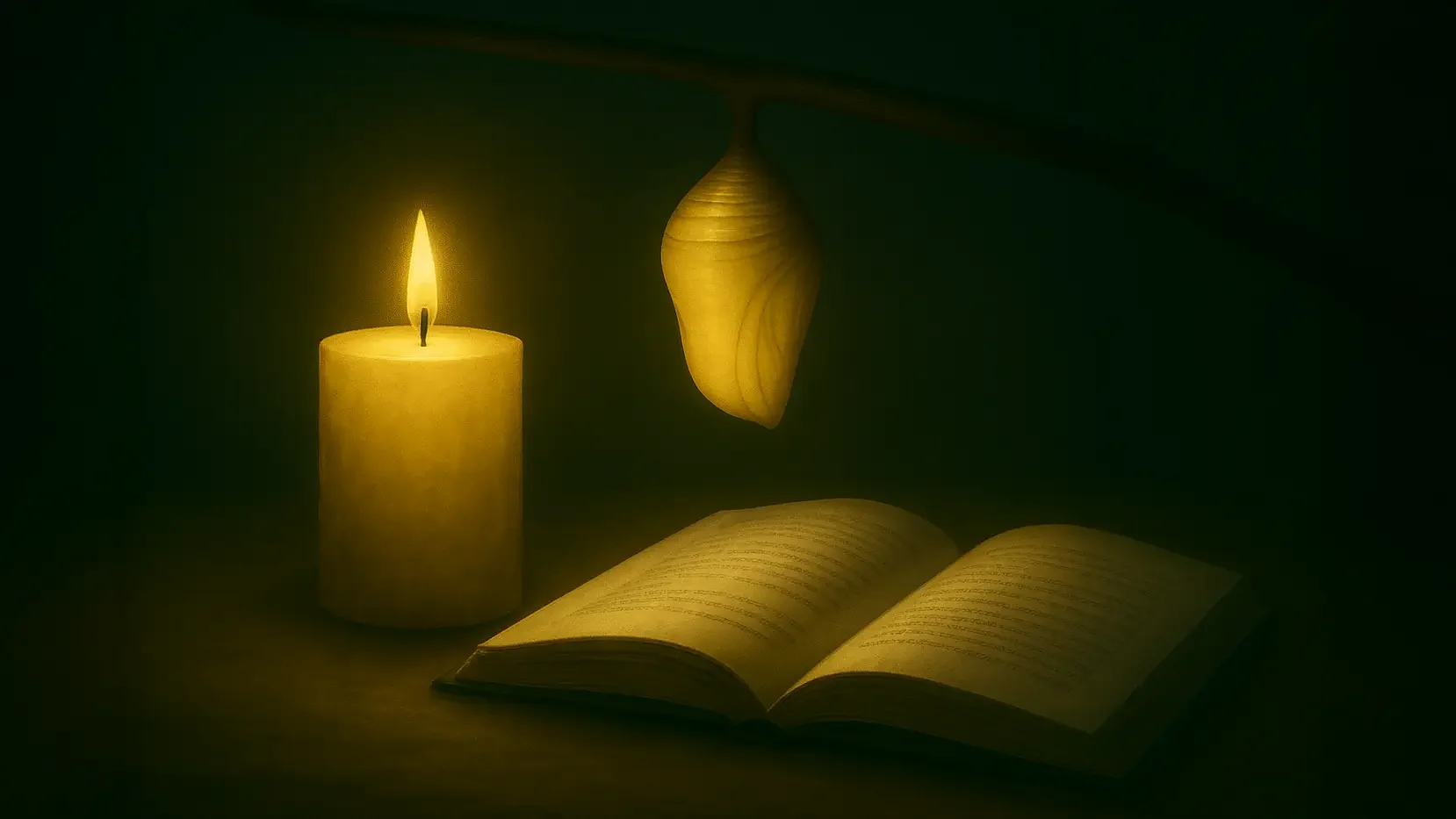A lit candle, an open book, and a hanging pendant light in a dark setting.
