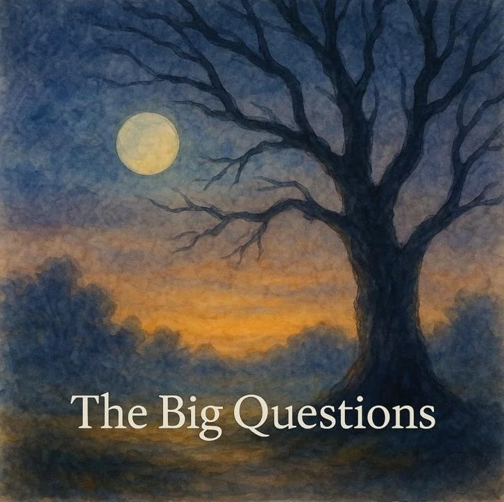 A painting of a large, leafless tree under a full moon with a colorful sunset sky in the background, and the text 'The Big Questions' at the bottom.