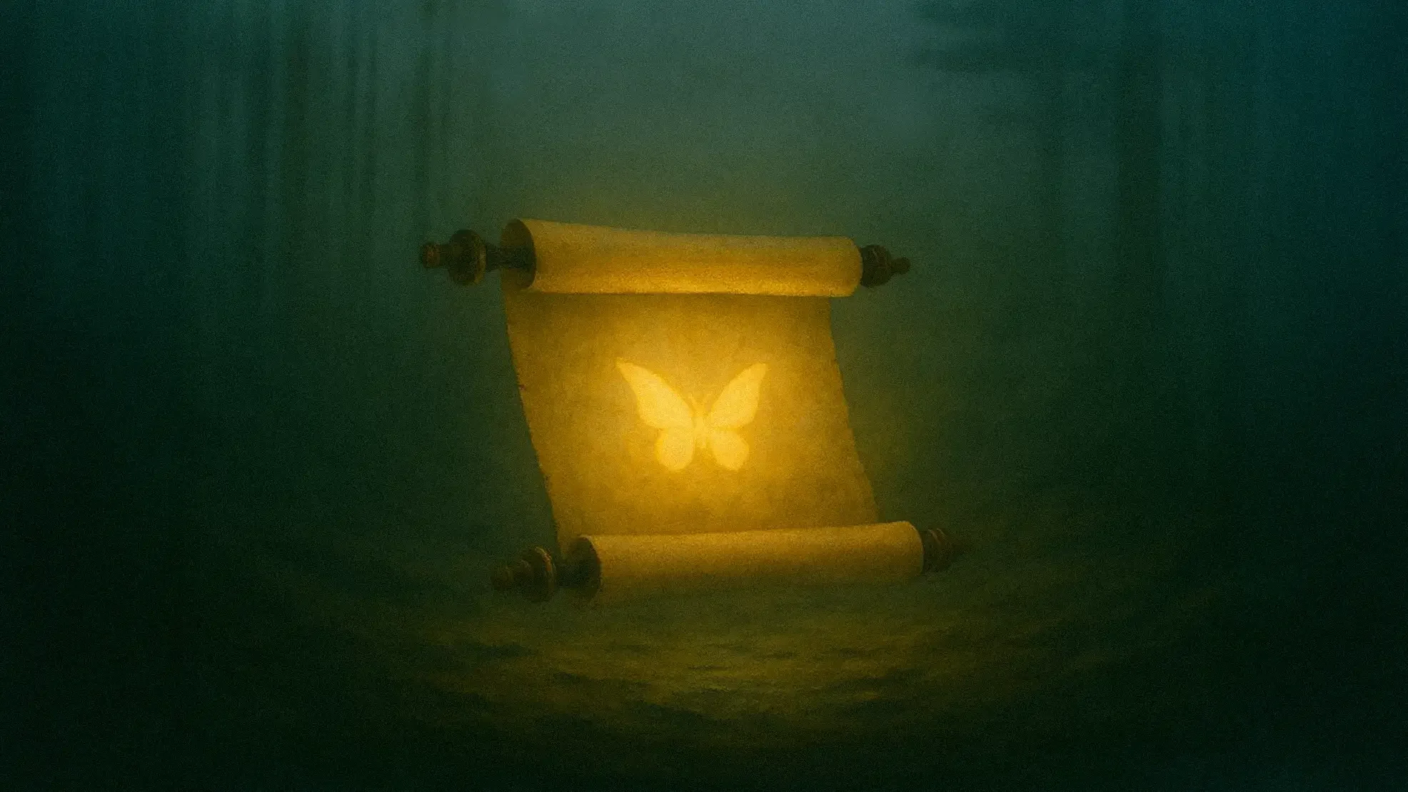 A glowing yellow paper lantern with a butterfly design on it, hanging in a dark setting.