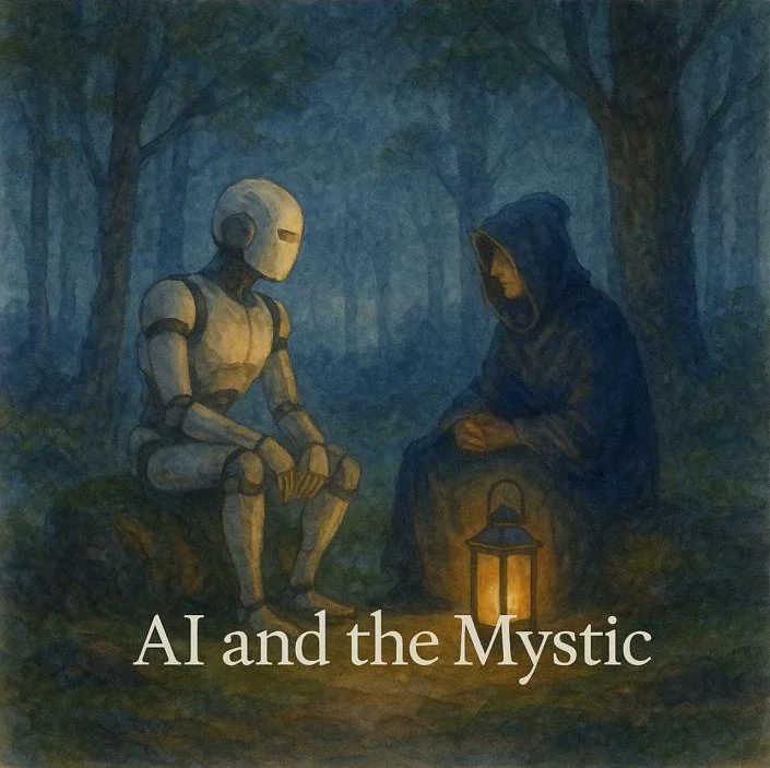 A robot and a person in a hooded cloak sitting in a dark forest, illuminated by a lantern, with the title 'AI and the Mystic' displayed.