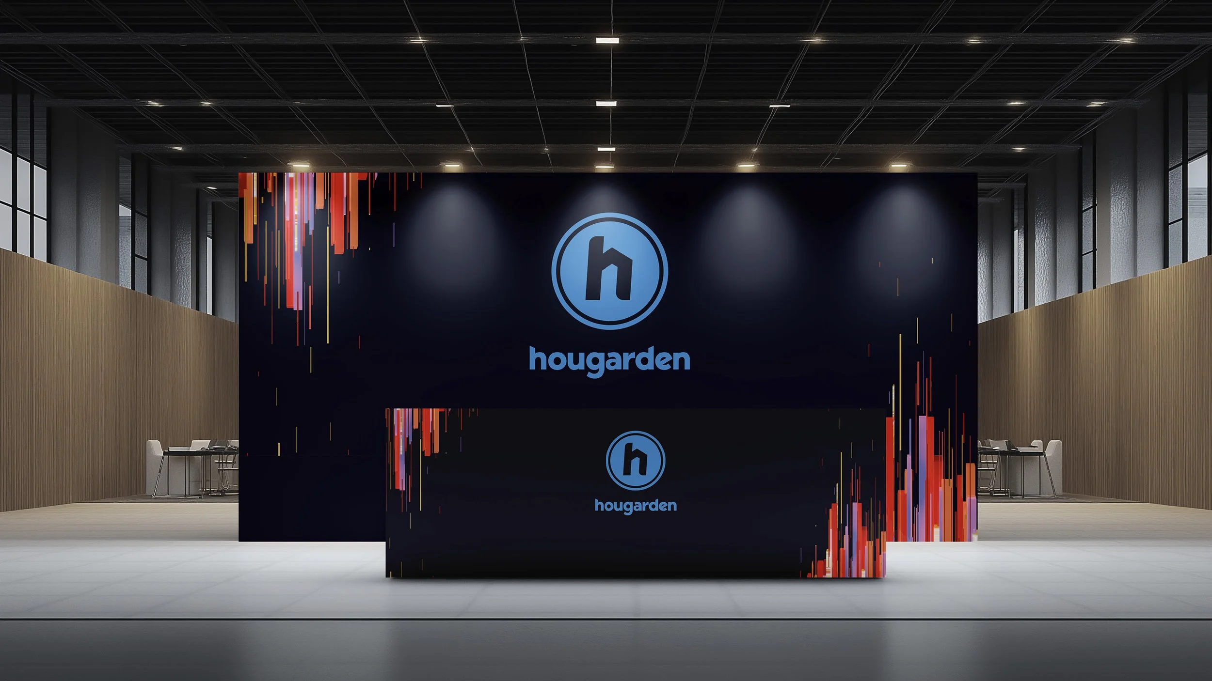 Large exhibition booth for Hougardens featuring a dark background with colorful digital line accents, the company's logo and name illuminated on the front and back walls, set in an open modern space with wooden wall accents and seating.