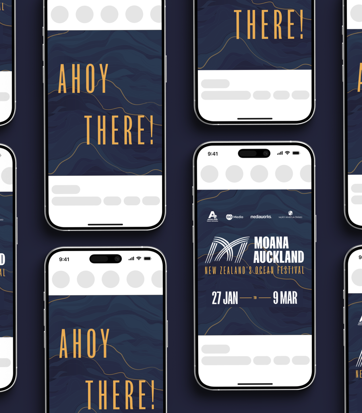 Multiple smartphones displaying promotional pages for Moana Auckland, a New Zealand ocean festival, with dates from January 27 to March 9, and a dark blue background with gold accents.