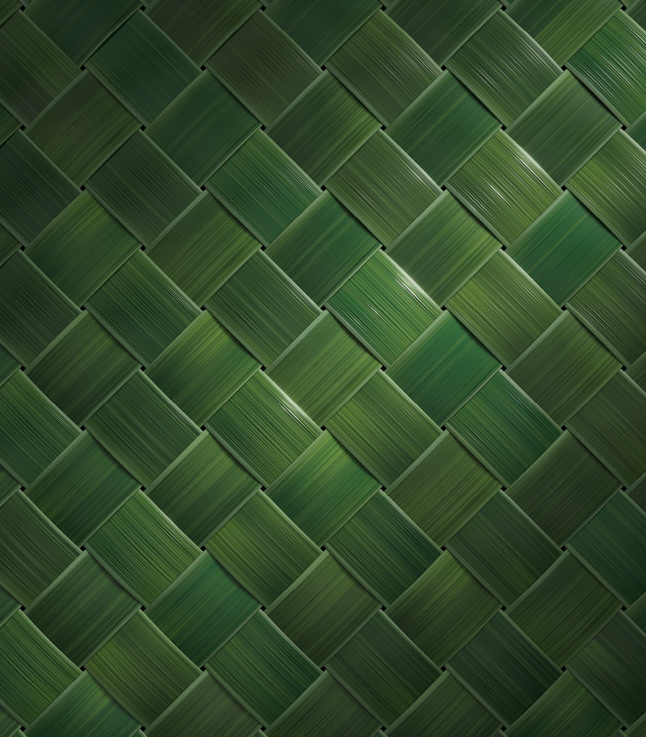 Close-up of green woven leaves in a diagonal pattern.