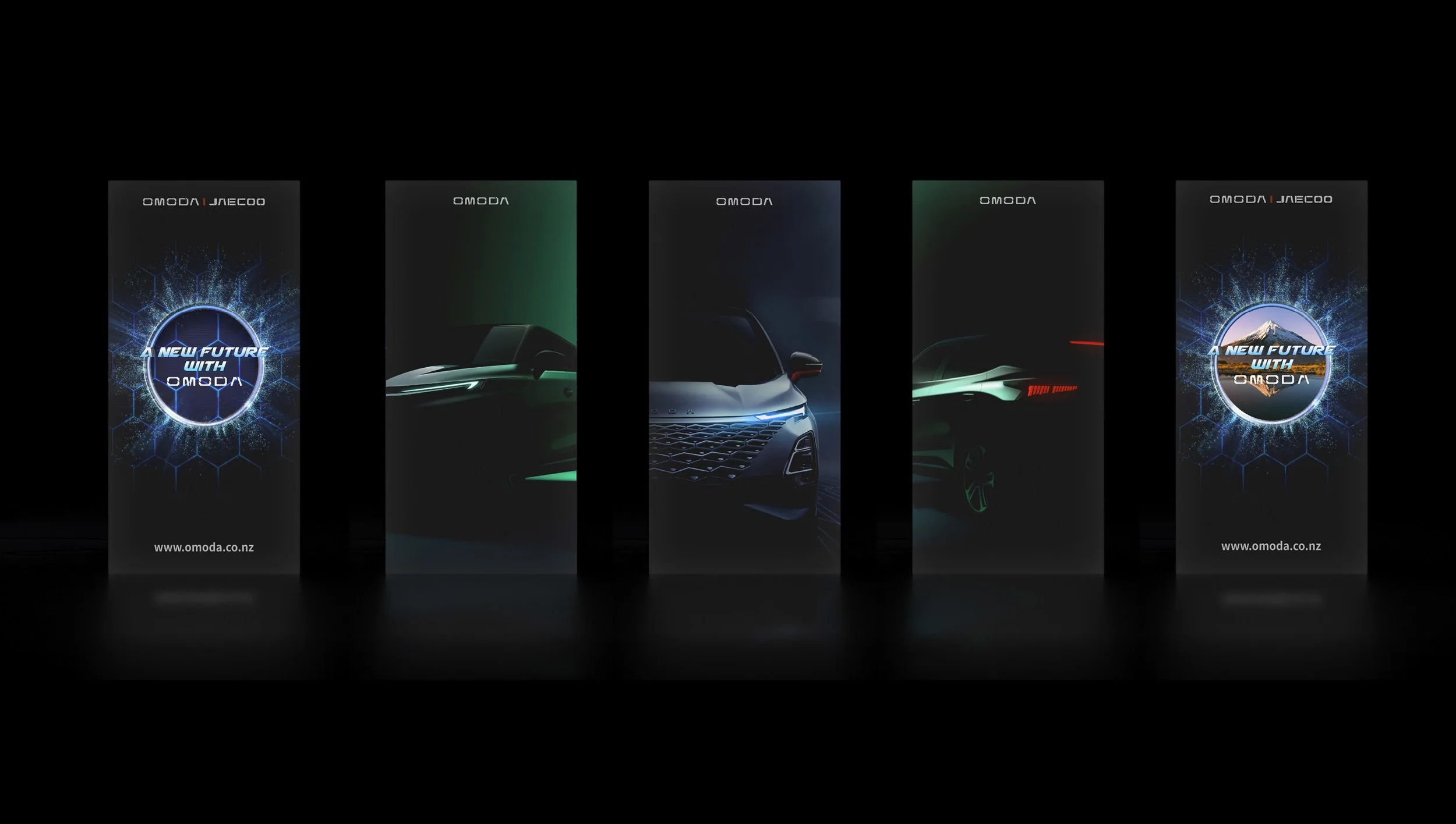 Four vertical banners advertising OMODA vehicles, with futuristic designs and the text "A New Future with OMODA," and a fifth banner with the OMODA logo and a website URL.