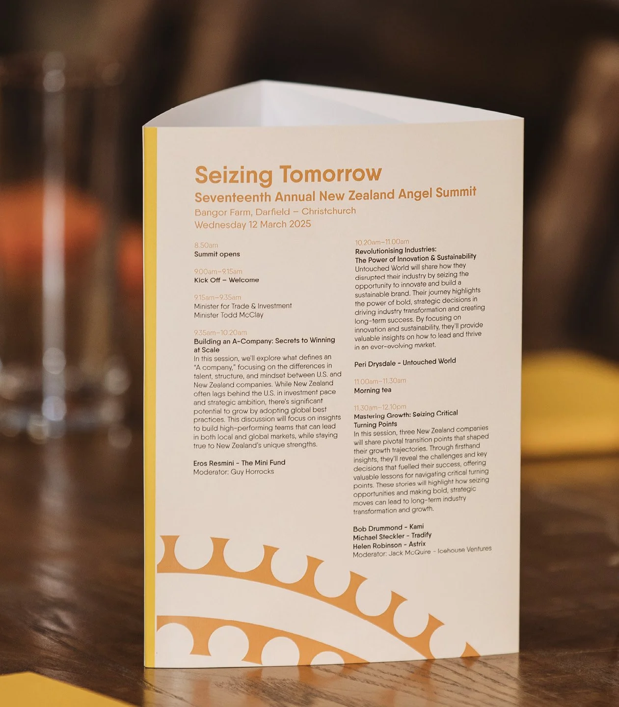Event program titled 'Seizing Tomorrow' for the Seventeenth Annual New Zealand Angel Summit, held at Bangor Farm, Darfield – Christchurch, on March 12, 2025. Program includes schedule and speakers.