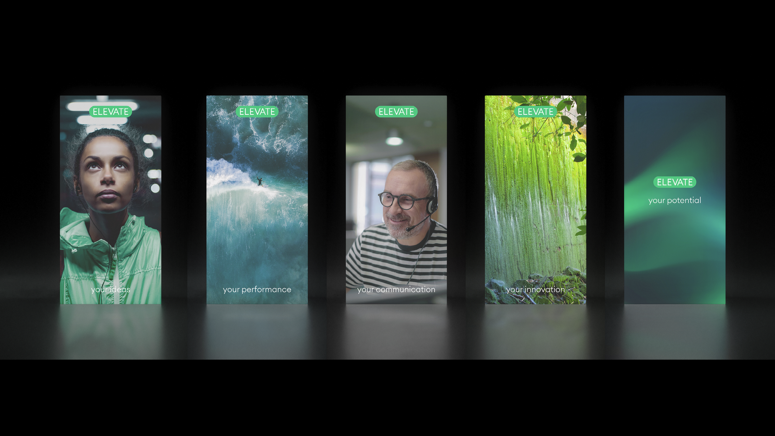 Five vertical digital screens displaying inspirational messages and images, including a woman, a surfer, a man with a headset, a green forest, and a message about potential, all with the word 'ELEVATE' at the top.