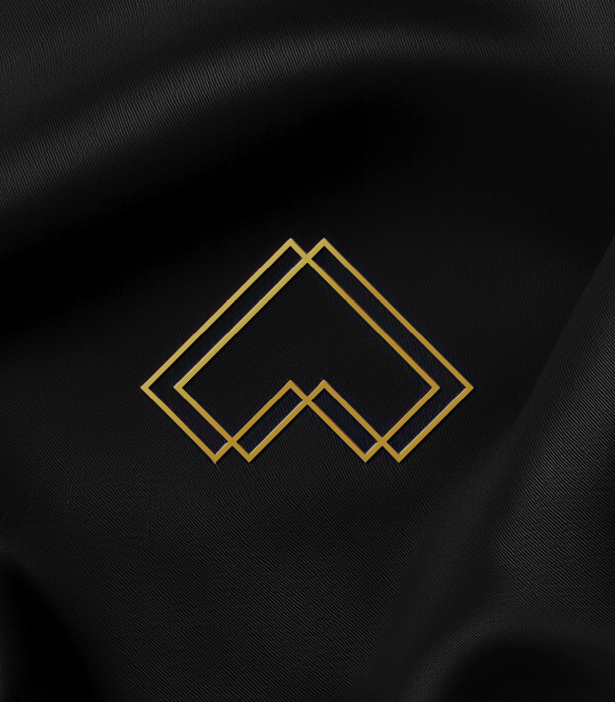 A black fabric background with a gold geometric logo consisting of overlapping diamonds.