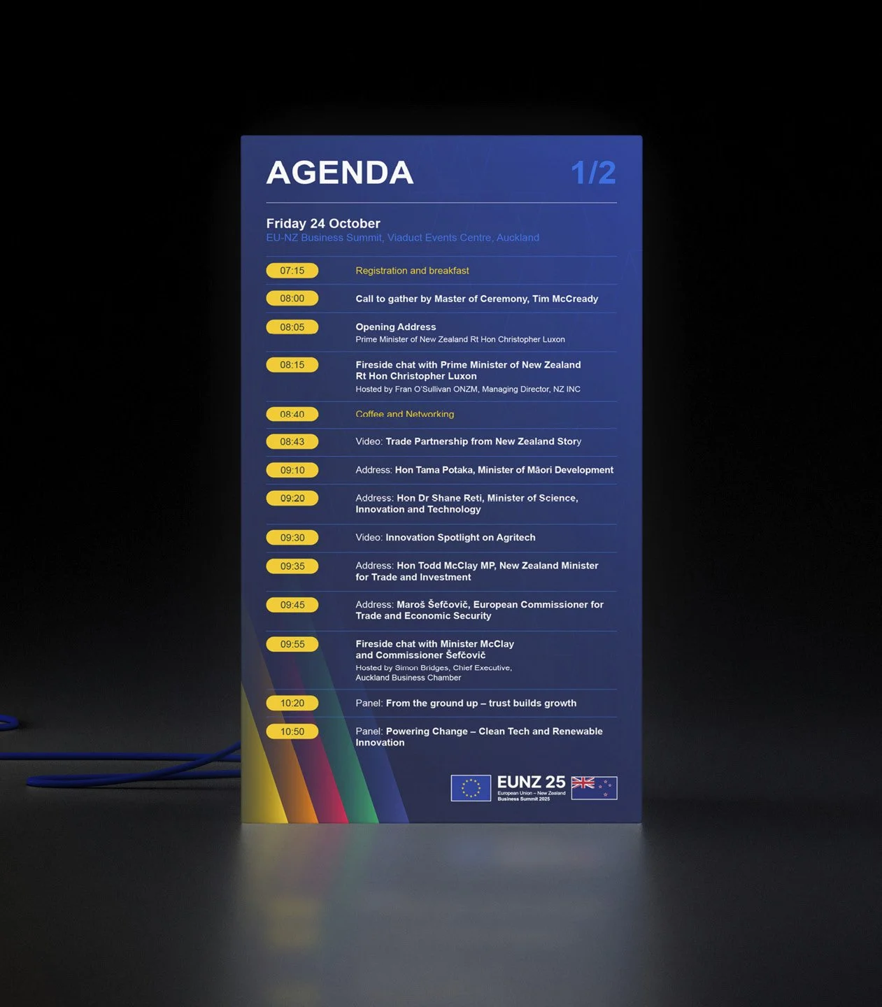 Agenda for the EU-NZ Business Summit on October 24th, listing schedule with times and topics, including speeches by officials from New Zealand and the European Union, and panels on growth and renewable technology.