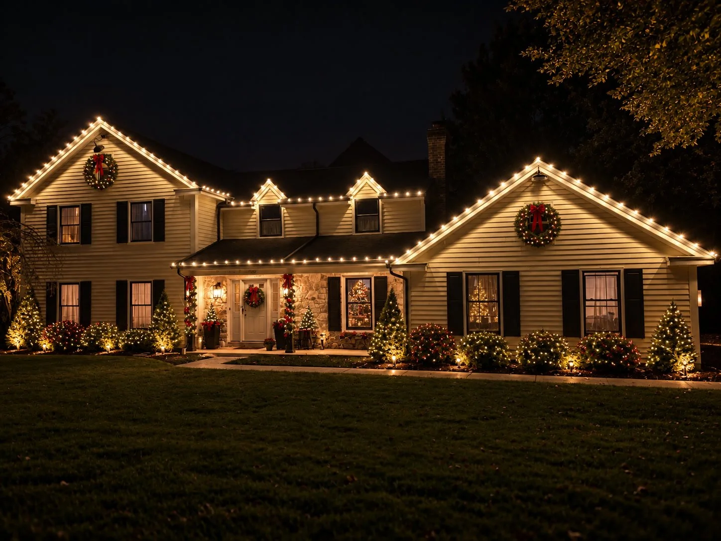 Home at night with white Christmas lights along the roofline, wreaths, and lit shrubs