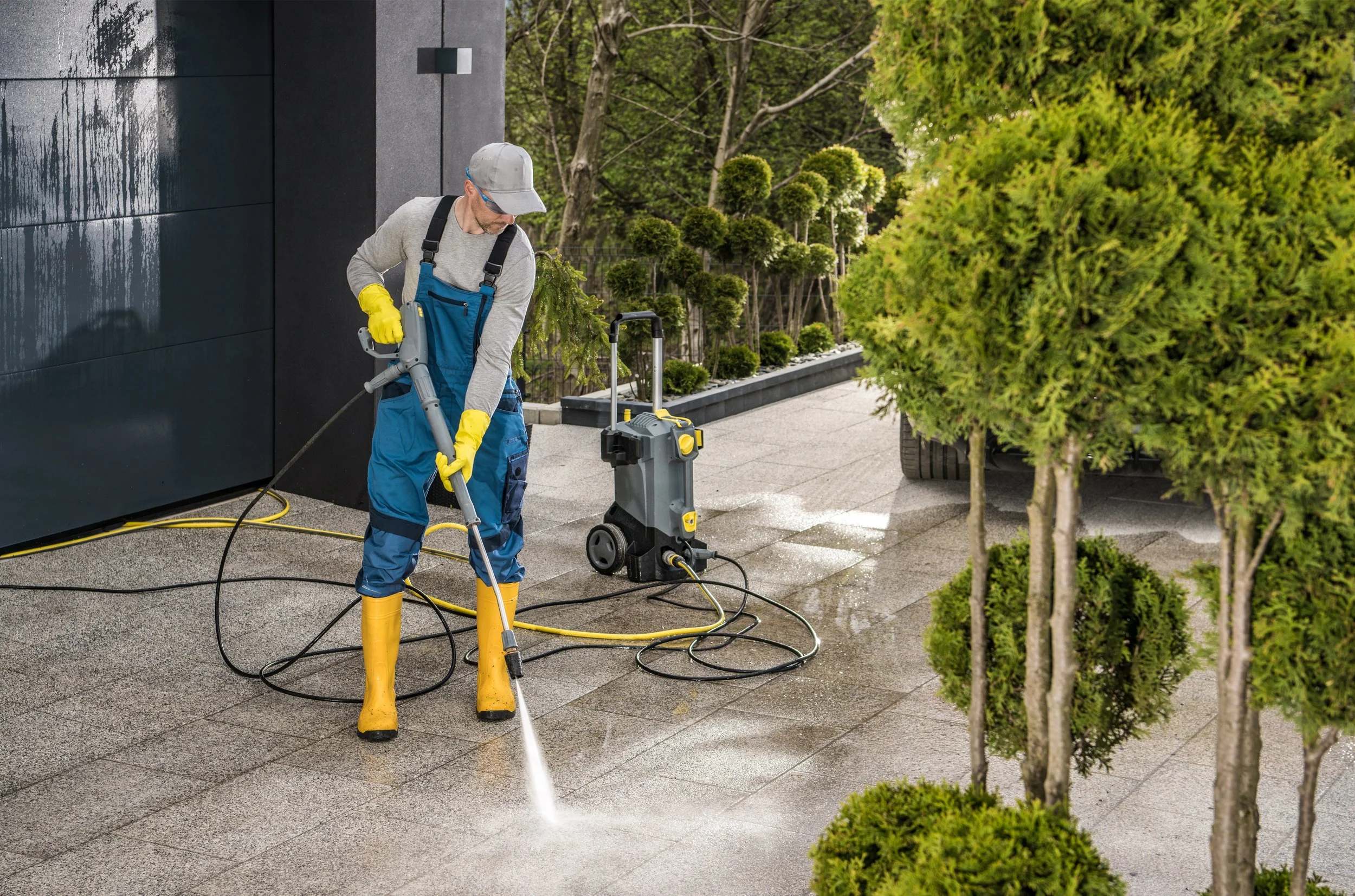 A man wearing yellow gloves, yellow rain boots, a gray cap, gray sweater, and blue overalls is pressure washing a paved outdoor surface. There is a pressure washer with hoses nearby, and the area is surrounded by green trees and bushes.