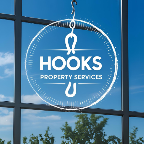 Hanging logo for Hooks Property Services on glass window, with a hook and a semi-circular design.